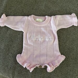 Embroidered and personalized newborn knitted onesie for coming home outfit